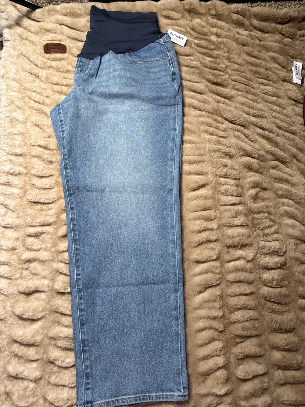 Old Navy Straight-Leg Maternity Jeans in Light Blue with Navy Waistband